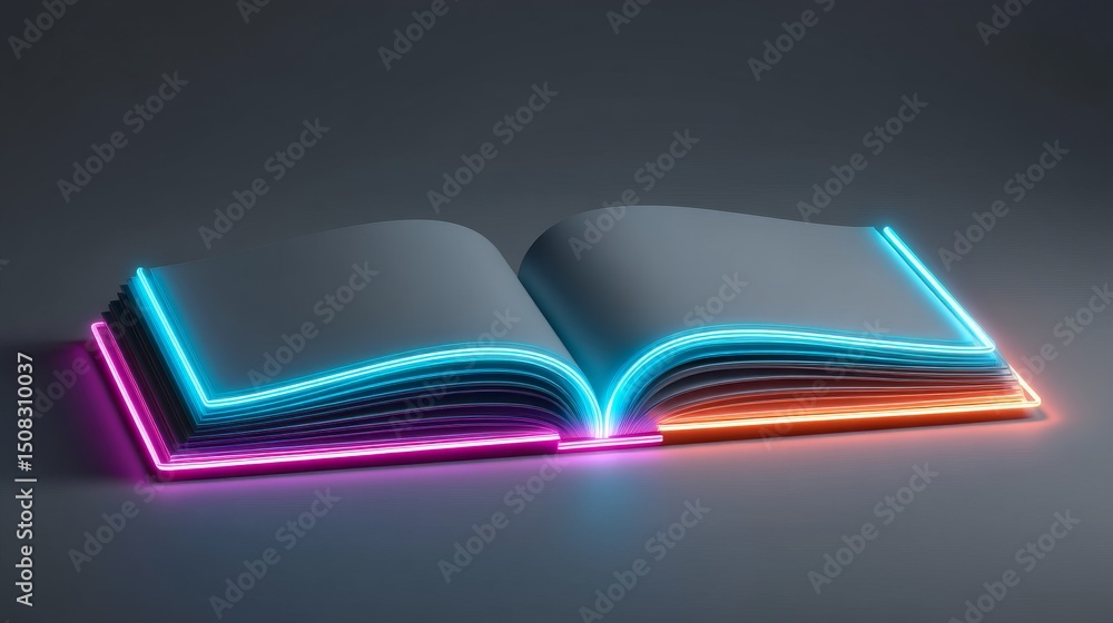 Poster an open book illuminated with neon edges in vibrant colors against a dark background.