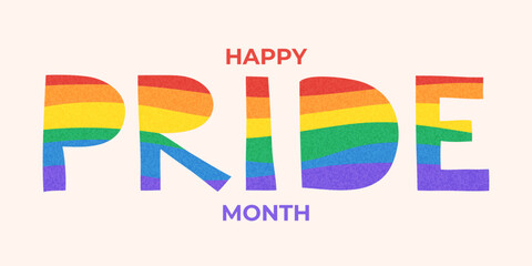 Colorful Pride Month typography with textured rainbow design. Celebration message promoting diversity, equality, and inclusivity. Festive vector banner for social campaigns