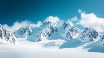 Snow-covered mountain peaks rise majestically against a vibrant blue sky, with wispy clouds drifting above. This breathtaking winter landscape captures the beauty of nature in its purest form