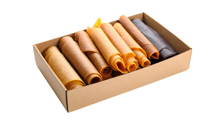 rolled fruit leather in Kraft tray on transparent background