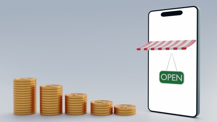 A 3D rendering depicts a modern smartphone with a white, blank screen, scattered coins with a dollar sign symbol and striped awning on a storefront with  green "OPEN" sign.