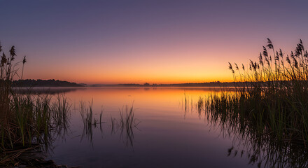 Serene Sunset over Calm Lake with Reeds Tranquil Nature Scene at Dawn