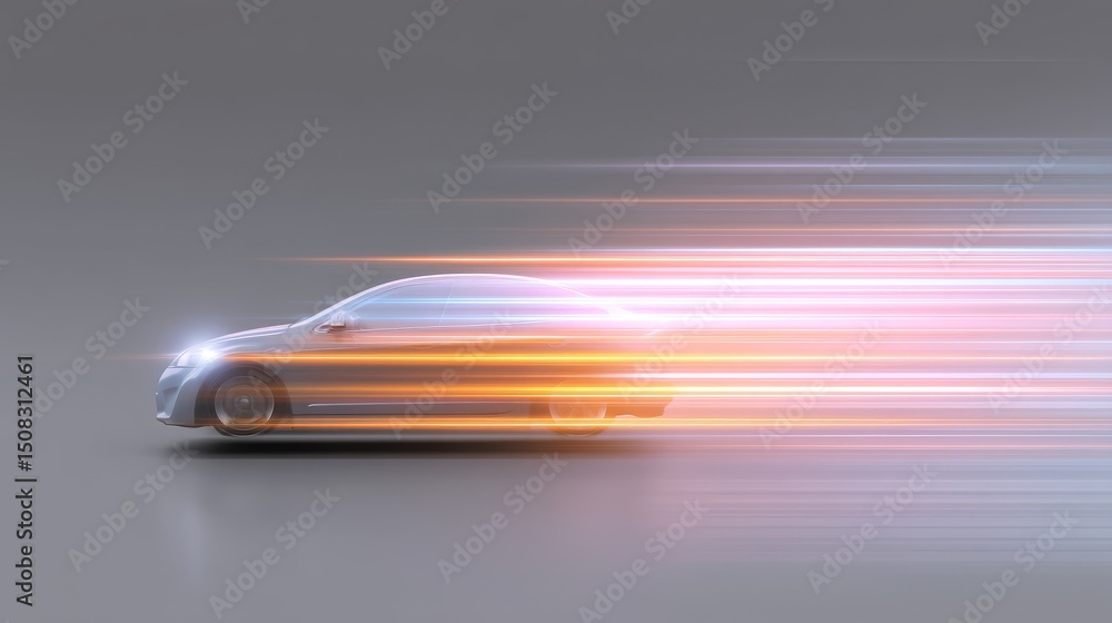 Poster dynamic car in motion, showcasing speed and modern design with streaks of light.