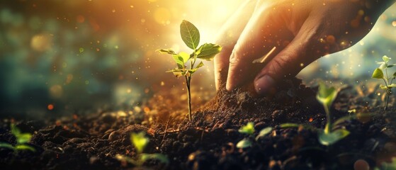 Hands offer a young plant to the Earth, showcased against a cosmic setting, invoking the essence of green beginnings and ecological harmony.