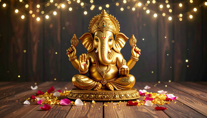 Golden Ganesh statue surrounded by flowers on a decorative background