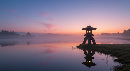 Serene Sunrise Illuminated Stone Lantern by Misty Lake at Dawn