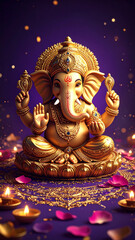 Fototapeta premium Golden Ganesh statue surrounded by flowers on a decorative background