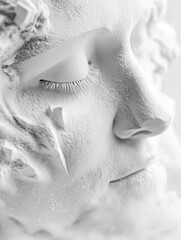 Close-up of a sculpture of a woman's face. the sculpture appears to be made of a white material, possibly plaster or plaster, and is intricately carved with details such as her eyes, nose, and mouth.