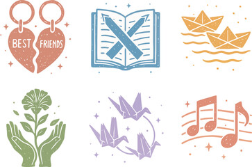 Linocut Friendship Day Vector Set