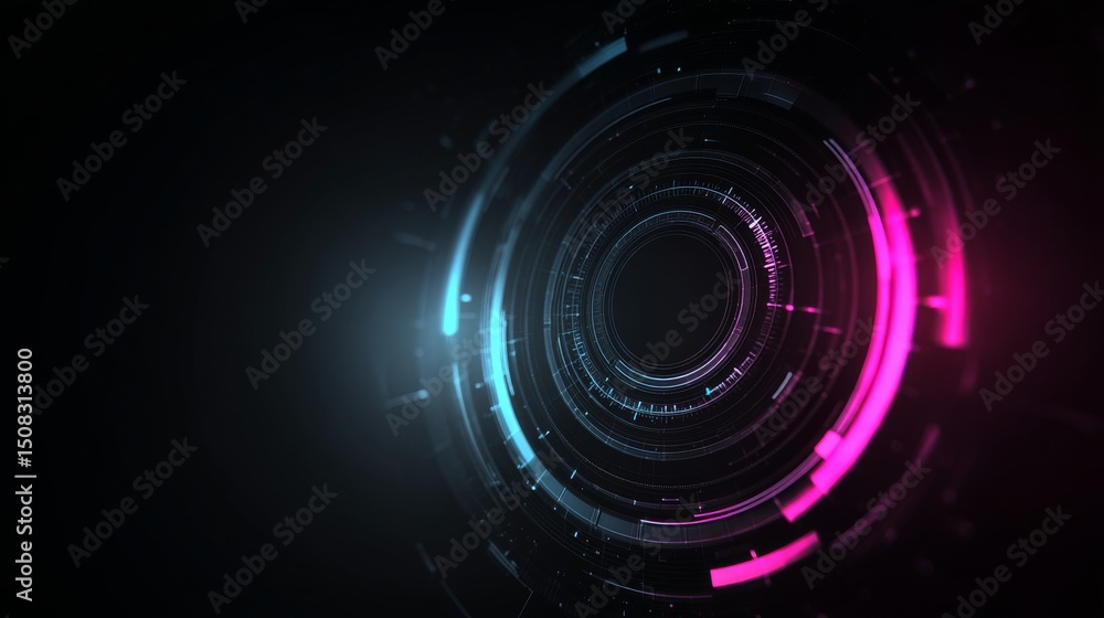 Poster futuristic digital abstract with vibrant glowing circular patterns.