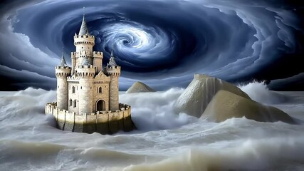 Medieval castle floating in swirling ocean storm
 - Powered by Adobe