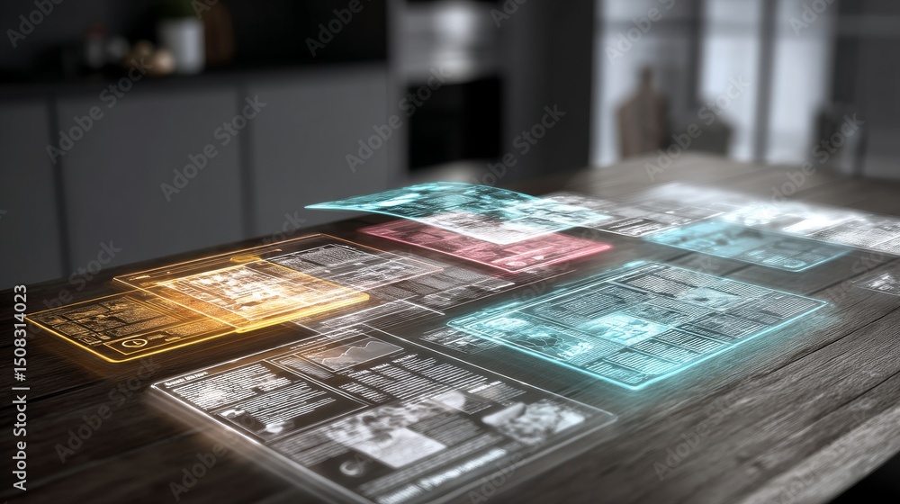 Poster futuristic digital interface displaying holographic information on a table.