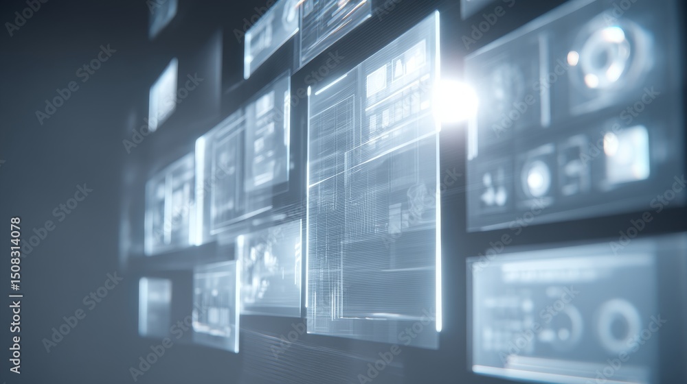 Poster futuristic digital interface showcasing various data panels and information displays.