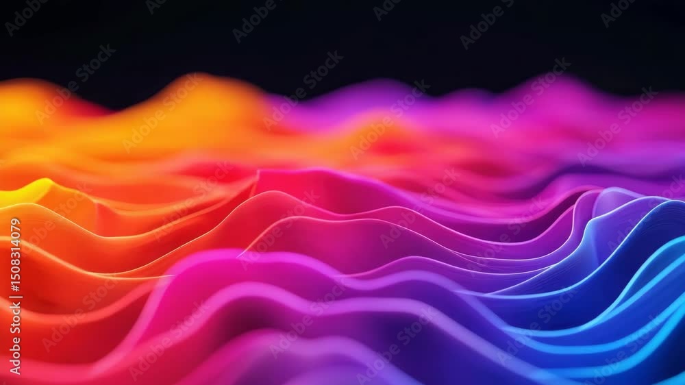 Poster vibrant abstract design of waves in mesmerizing gradient showcases dynamic movement and energy, feat