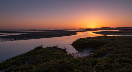 Serene Coastal Sunset Landscape Estuary at Golden Hour Peaceful Waters
