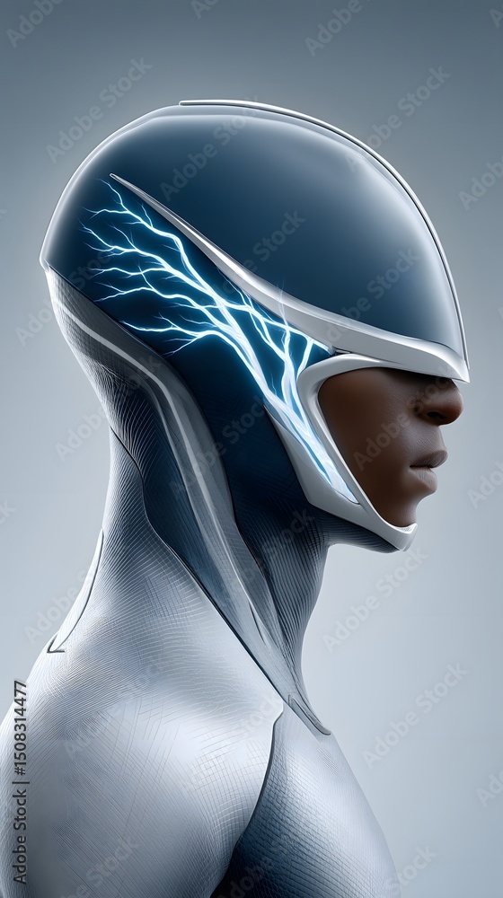 Poster hyper-realistic portrait of a futuristic astronaut with a transparent helmet displaying an interacti