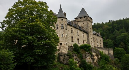 Obraz premium An ancient fortress with impressive stone architecture and a distinctive turret stands on a verdant, rocky slope, conveying historical grandeur.