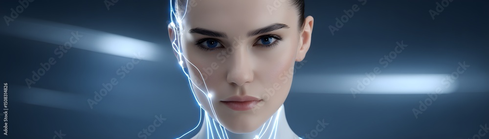 Poster ai-generated humanoid with a sleek, chrome-like facial structure, deep synthetic sapphire eyes, glow
