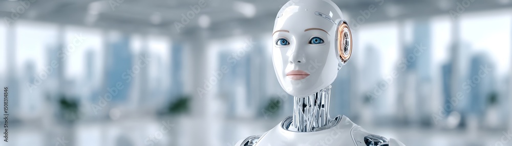 Poster ai-generated humanoid with a sleek, chrome-like facial structure, deep synthetic sapphire eyes, glow