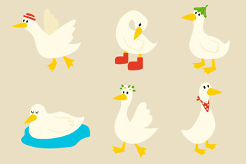 Hand-Drawn Cartoon Ducks in Various Poses Set Cute Animal Illustration for Kids and Design