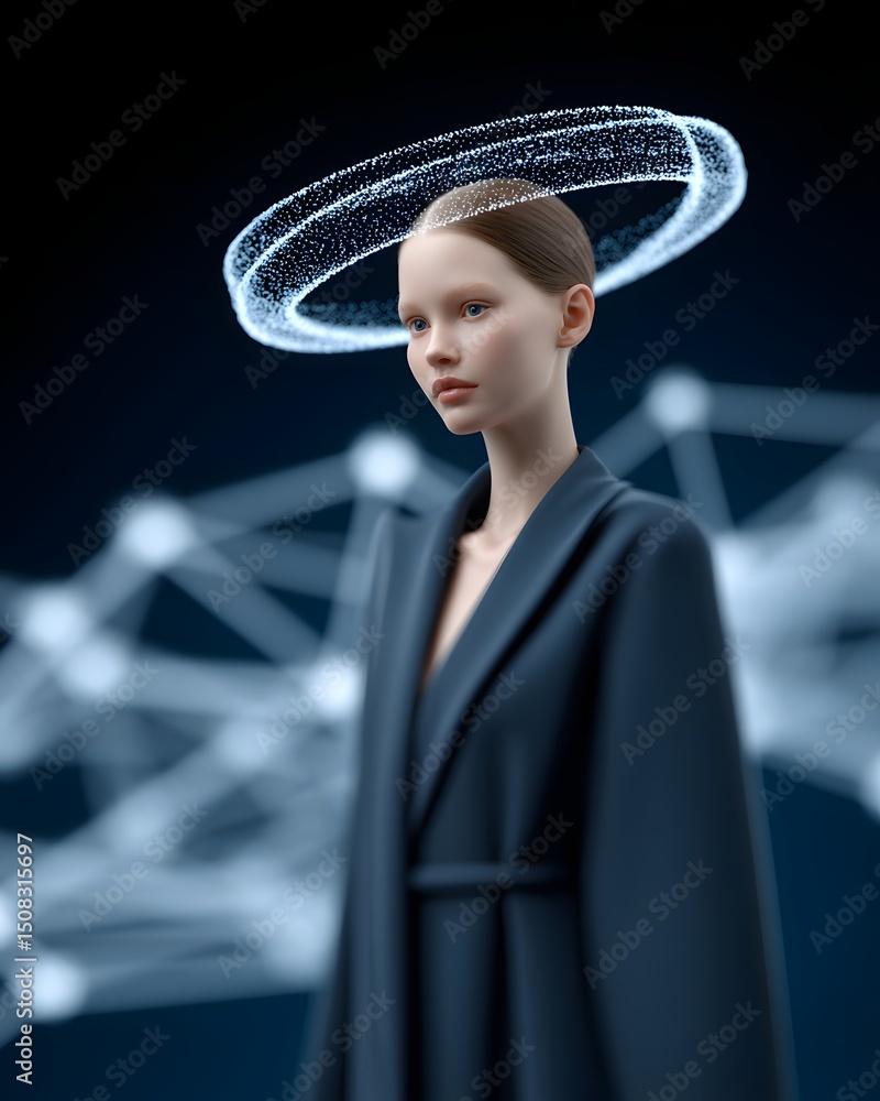 Poster mystical ai oracle with glowing fractal tattoos, cybernetic halo levitating above the head, sleek, m