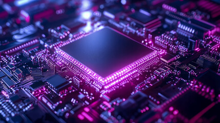 Futuristic electronic circuit board with chip processor, pink and blue neon glowing lights, technology backdrop