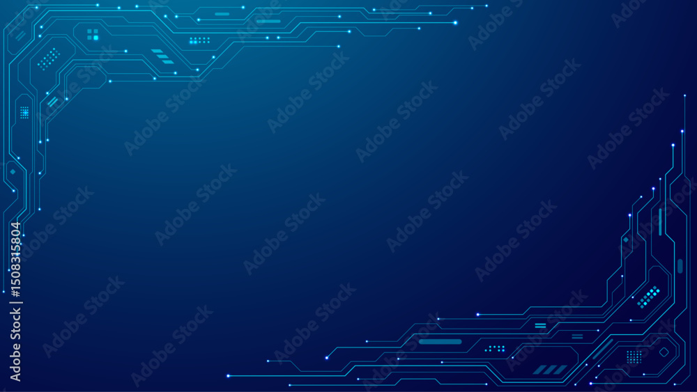 Fototapete blue abstract digital background featuring a tech frame built from circuit board lines and microchip