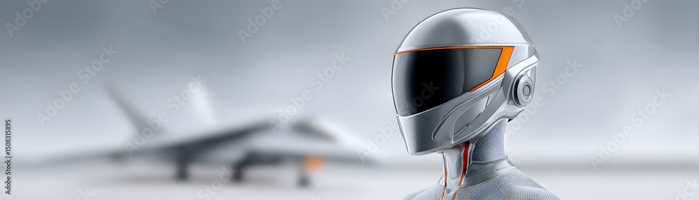 Poster next-generation pilot with an ultra-advanced exosuit, sleek armored helmet with a fully digital viso