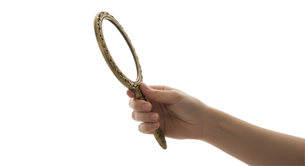 Woman holding mirror beautifully ornate handheld mirror with a decorative frame, transparent background 