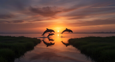 Majestic Dolphins Leaping at Sunrise Silhouetted Against Vibrant Sky