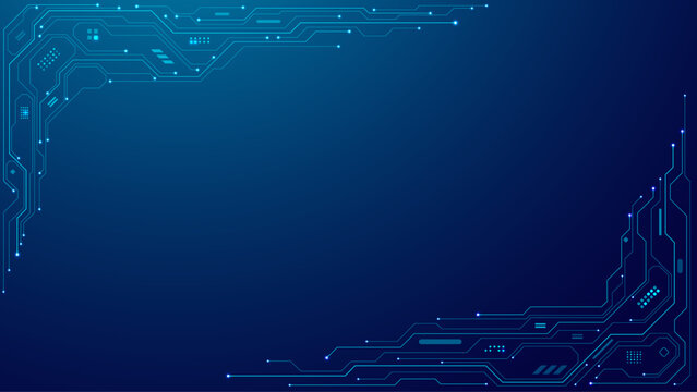 Blue abstract digital background featuring a tech frame built from circuit board lines and microchip elements. Modern, high-tech design ideal for innovation and technology themes. Vector illustration