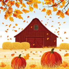 Autumn scene with a red barn and pumpkins.