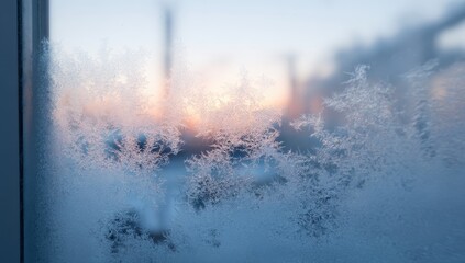 Frosty windowpane, sunset view