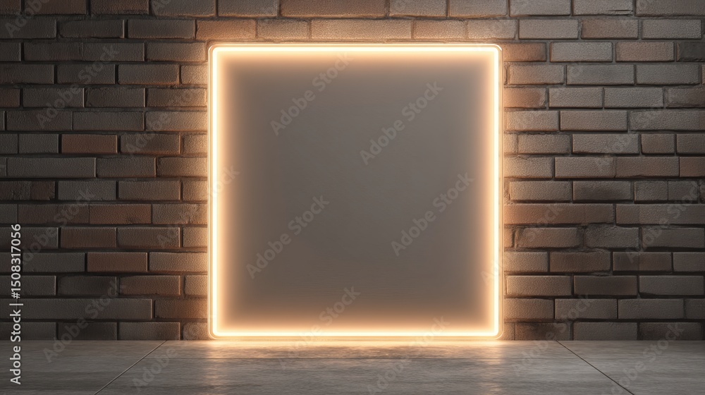 Poster illuminated empty frame against a textured brick wall in a modern setting.