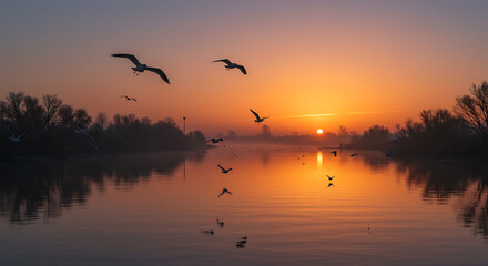 Serene Sunrise over Calm River with Silhouetted Birds in Flight