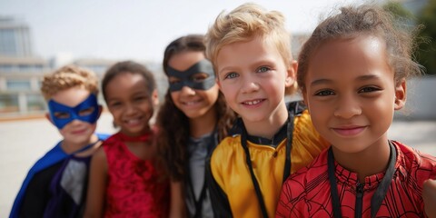 Obraz premium Diverse group of children in superhero costumes outdoors smiling
