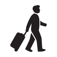 Person pulling carry-on luggage on business travel flat vector icon for apps and websites. Vector black silhouette. with white background