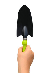 Hand holding garden Trowel with green handle isolated on transparent or white background