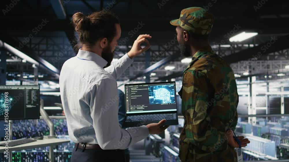 Poster military technicians in secure data center use laptop to monitor artificial intelligence systems. ar