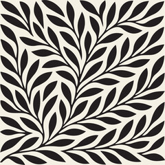 Vector seamless botanical pattern featuring bold black leafy branches on a light background. The organic shapes and flowing composition create a natural and elegant look