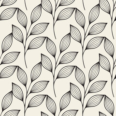 Vector seamless botanical pattern featuring delicate hand-drawn leaves with fine line detailing. The elegant black contour leaves create a light, airy feel on a soft background
