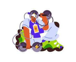 Athlete lifts weights, pumps muscles with dumbbells. Sportsman does physical exercises with sports equipment. Concept of strength workout. Flat isolated vector illustration on white background