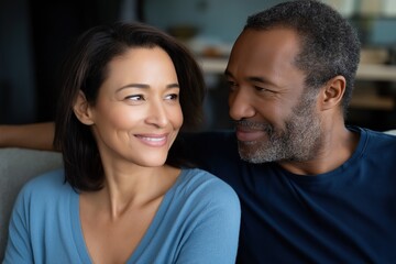 Obraz premium Smiling african male and female couple in blue and black shirts relaxing indoors