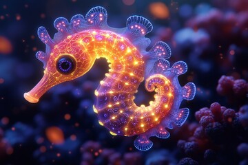 Luminous seahorse in ocean, coral background, digital art, children's book
