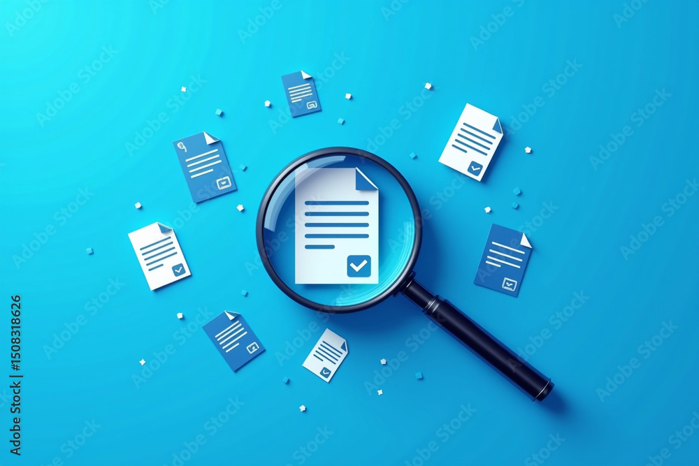 Poster document review and quality control concept. document with a checkmark, quality assurance, and proce