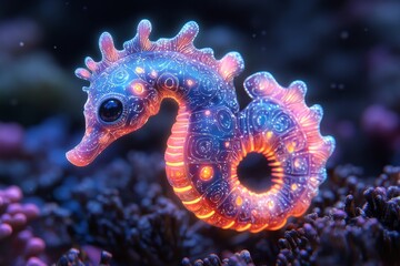 Glowing seahorse on coral reef, ocean background, digital art
