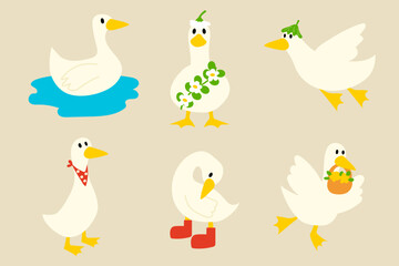 Hand-Drawn Cartoon Ducks in Various Poses Set Cute Animal Illustration for Kids and Design