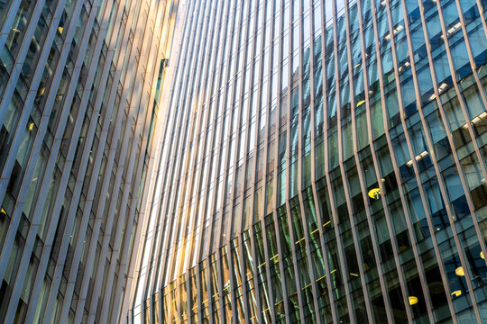 Contemporary office towers in Polanco, Ciudad de M&eacute;xico, reflective glass surfaces, urban skyline, geometry, sunlight, and shadow contrasts