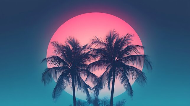 Silhouettes of palm trees against a vibrant pink sun.