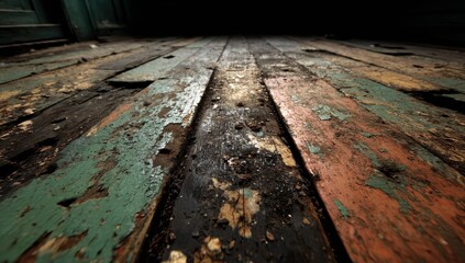 Weathered wooden floorboards, peeling paint